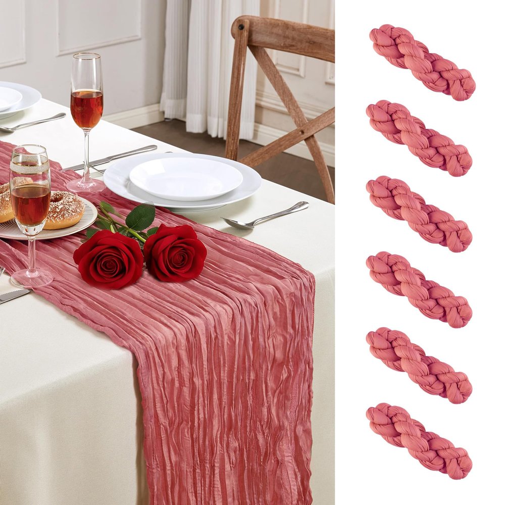 6 Pack Rose Valentine's Day Cheesecloth Table Runner 10FT Long Boho Gauze Table Runner Rustic Sheer Runner for Wedding Bridal Baby Shower Birthday Party Table Decor Thanksgiving Decorations