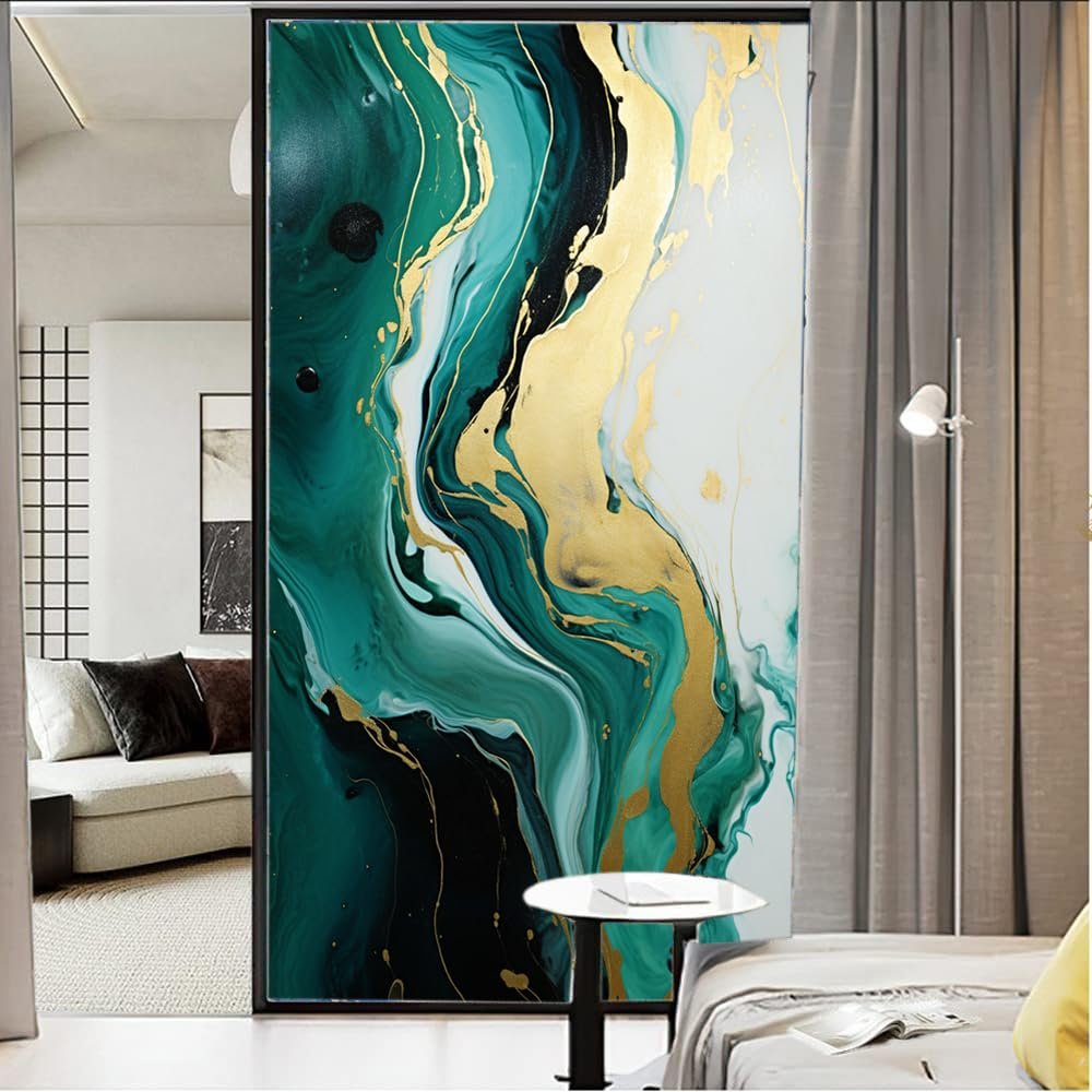 Abstract Marble Window Privacy Film Modern Abstract Dark Green Texture Stained Glass Window Film Sun Blocking Heat Control Decorative Window Covering Film for Home Office 27.6Wx39.4L