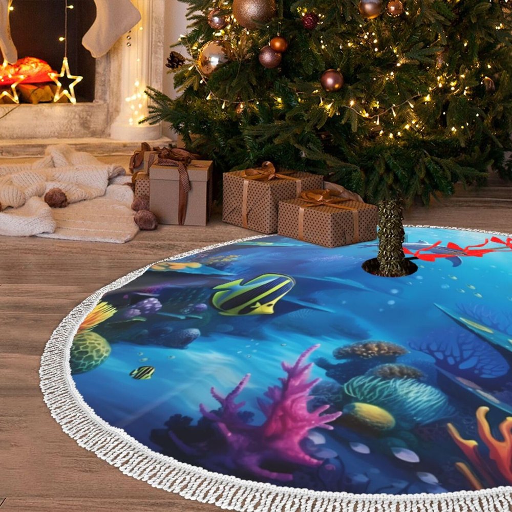 Christmas Tree Skirt with Tassel 48" Underwater World Christmas Tree Mat Cover Xmas Tree Skirt for Xmas Holiday Party Christmas Decoration Ornaments Tassel Tree Skirt for Happy New Year