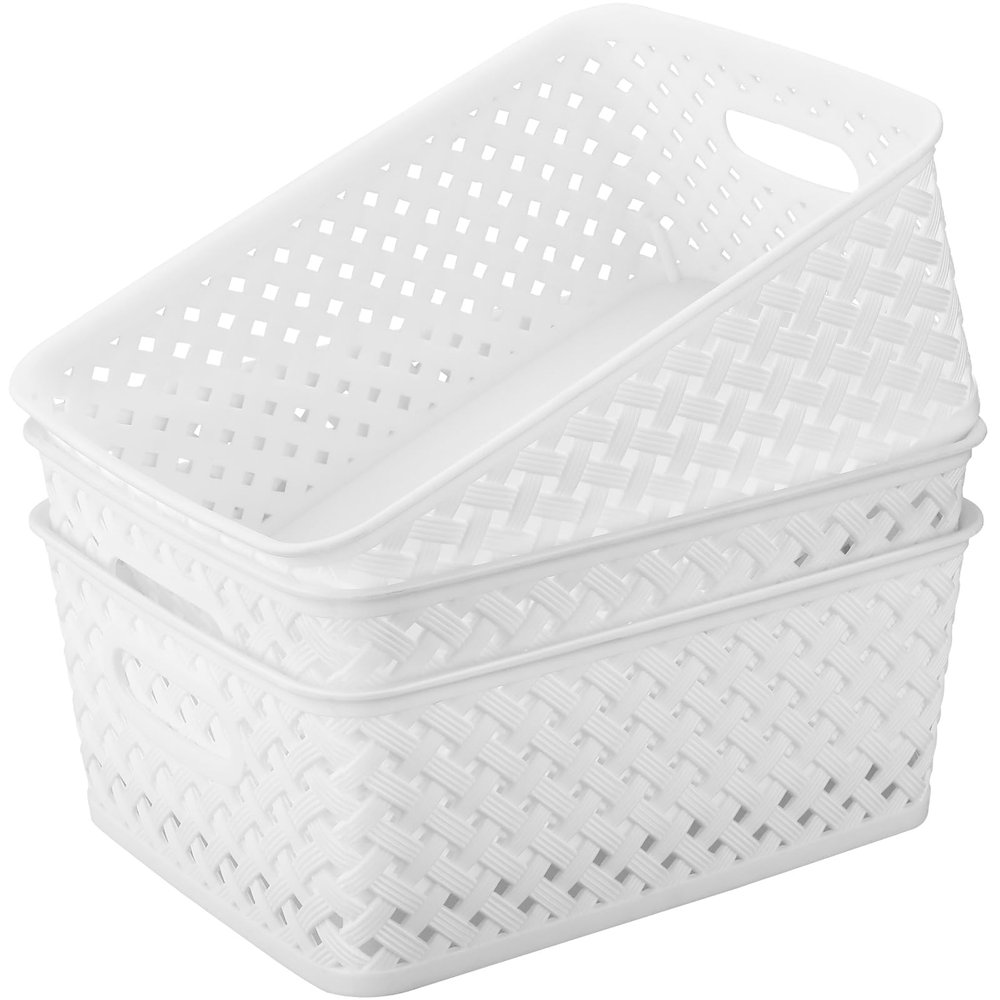 MaxGear 3 Pack Plastic Storage Bins, White Medium Size, Polypropylene Material, Lacquered Finish