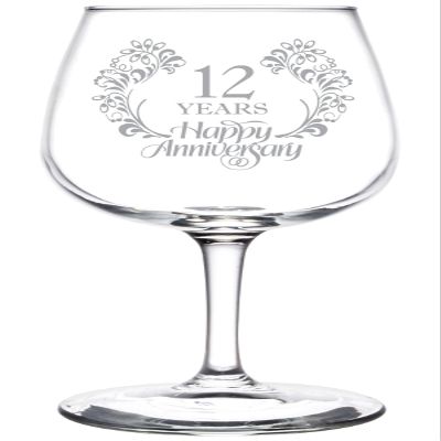 (12th) Elegant Floral Happy Anniversary Wedding Ring Inspired Wine Taster Glass