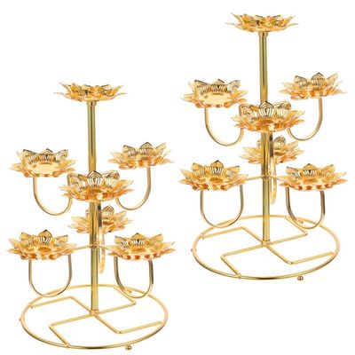 2pcs Lotus Ghee Lamp Holder Flower Votive Tealight Holder 7-Branch Golden Candle Stand Brass Oil Lamp Buddhist Altar Supplies for Temples Home Decor