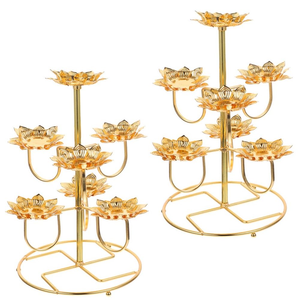 2pcs Lotus Ghee Lamp Holder Flower Votive Tealight Holder 7-Branch Golden Candle Stand Brass Oil Lamp Buddhist Altar Supplies for Temples Home Decor