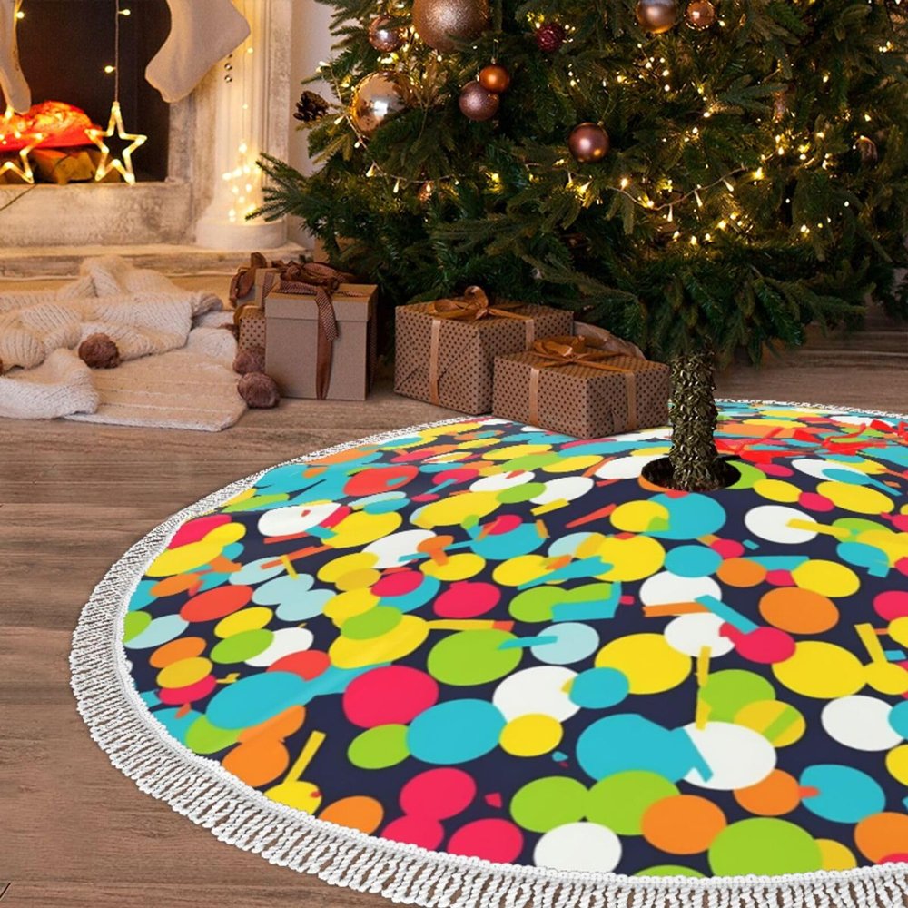 Christmas Tree Skirt with Tassel 48" Confetti Bright Pattern Christmas Tree Mat Cover Xmas Tree Skirt for Xmas Holiday Party Christmas Decoration Ornaments Tassel Tree Skirt for Happy New Year