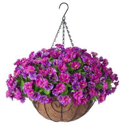 Ammyoo Artificial Hanging Flowers with Basket, Faux Silk Petunias Flower Arrangement, Coconut Lining with Morning Glories Fake Plants Patio Garden Porch Deck Spring Summer Decor(Lotus and Fuchsia)