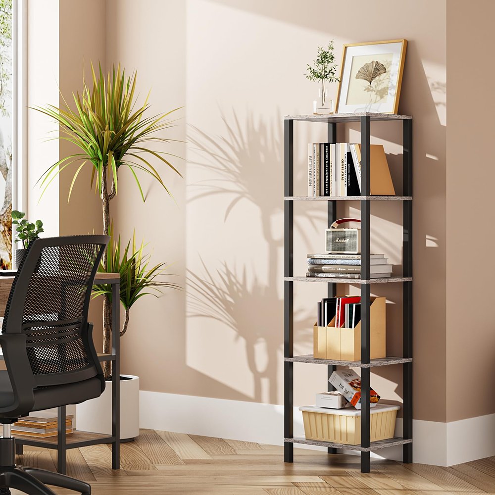 TUTOTAK Bookshelf, 5-Tier Tall Book Shelf, Narrow Bookcase for Small Space, DIY Stackable Bookshelf, for Living Room, Office, Study, Entryway, Industrial, Greige and Black BS01BG005