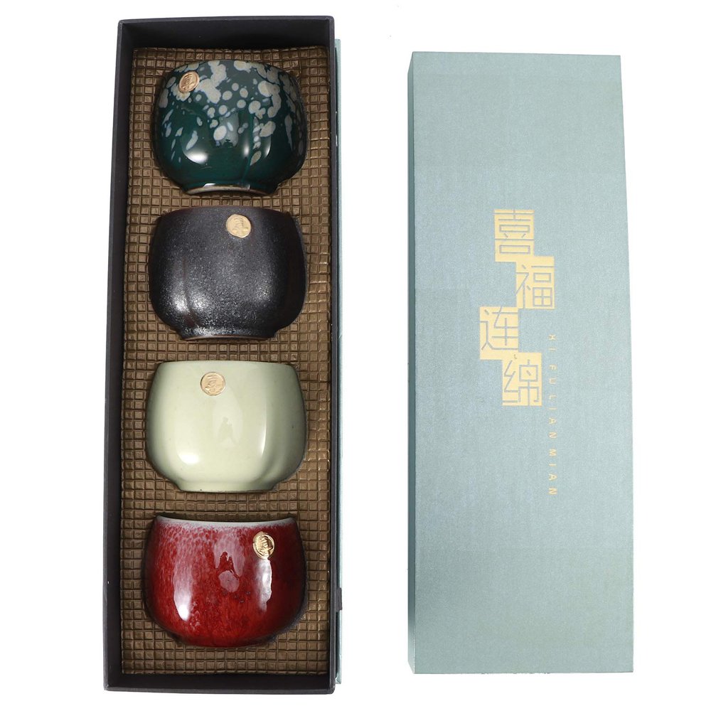 Chinese Ceramic Kung Fu Tea Set of 4 Retro Kiln Baked Tea Cup Set Ceramic Tea Cup Japanese Style Ceramic Kung Fu Teaware for Drinking Tea Coffee Wine Beer Hot Drinks(01)