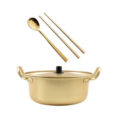 1set Korean Style Double Handled Non-stick Cooking Pot for Instant Noodles Chopsticks Aluminum Ramen Pot for Home Use Easy to Clean and Store