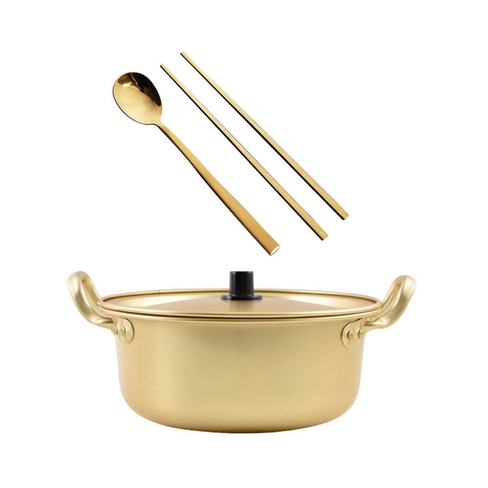 1set Korean Style Double Handled Non-stick Cooking Pot for Instant Noodles Chopsticks Aluminum Ramen Pot for Home Use Easy to Clean and Store