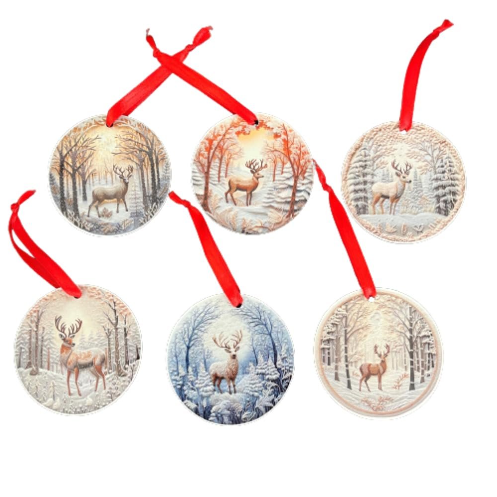 Christmas Ornaments Set of 6 - Assorted Deer Hanging Tree Decorations - Unbreakable Holiday Ornaments