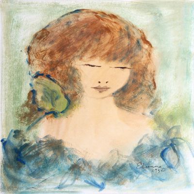 Roger Etienne, Portrait of Girl 91 Gouache On Paper, signed lower right