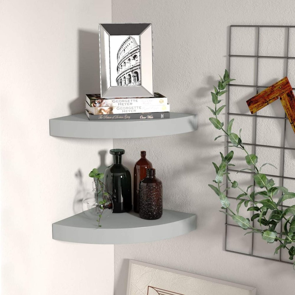 CIADAZ Corner Shelves 2 pcs Gray 9.8"x9.8"x1.5" MDF Corner Shelves Corner Wall Shelves Corner Shelf