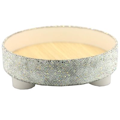 Bestbling Bling Rhinestone Round Decorative Ottoman Coffee Table Perfume Living Room Kitchen Serving Tray - Stylish, Sturdy and Jewelry Tray Storage for Home Decor (Silver)