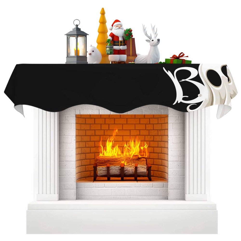 Falaniique Halloween Fireplace Mantel Scarf Cover, Mantel Shelf Top Scarf Runner for Christmas Halloween Thanksgiving Fall Indoor Decorations Spooky Horror Ghost Black White 70'' L x 17'' W