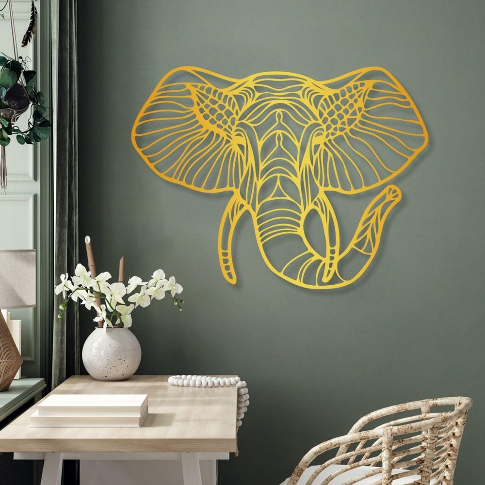 Cadeali Elephant Metal Wall Art - Large Animal Head Wall Decor, Modern Design for Living Room (Gold, 30"x22" | 76x57 cm)