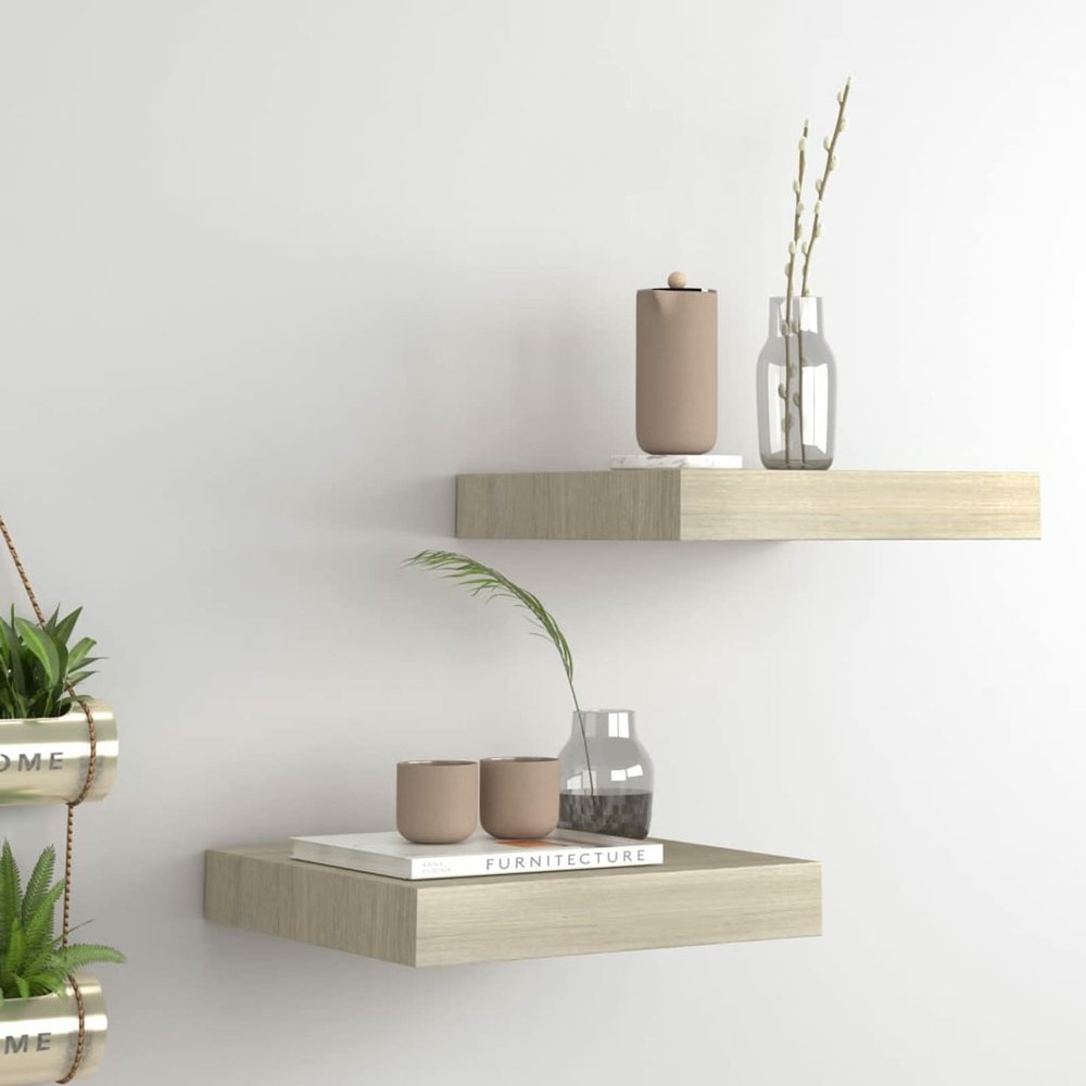 Camerina Wall Shelves 2 pcs Oak 9.1"x9.3"x1.5" MDF Shelving Wall Mounted Shelves for Bedroom Shelves for Wall Wall Shelves