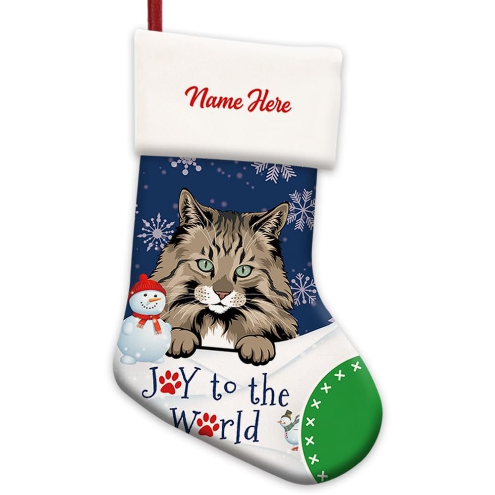 MALIHONG 1 Pack Joy to The World Christmas Stocking Norwegian Forest Cat Custom Name Winter Holiday Fireplace Decor Hanging Stocking Cat Lovers Gift 14.4"