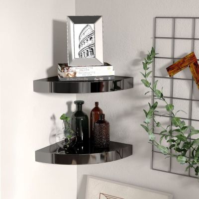 Camerina Corner Shelves 2 pcs High Gloss Black 9.8"x9.8"x1.5" MDF Corner Shelves Corner Wall Shelves Corner Shelf