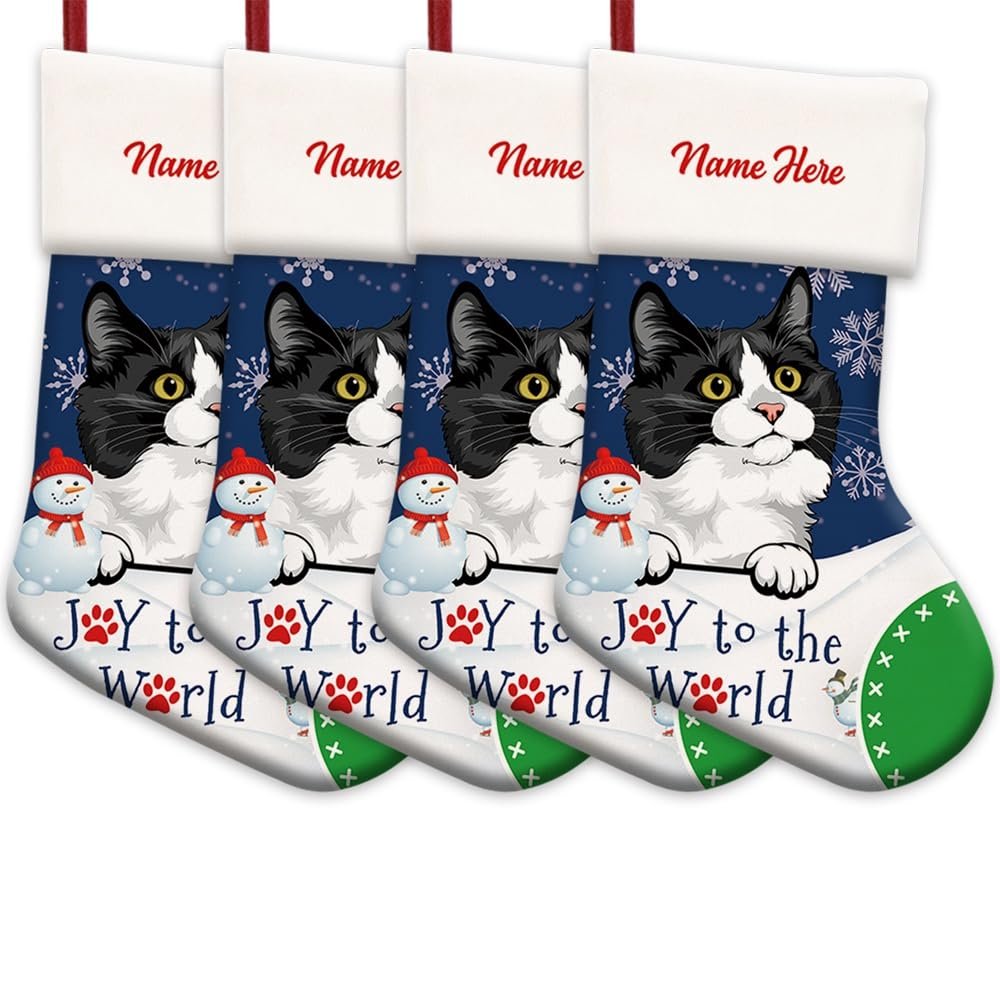 MALIHONG 4 Pack Joy to The World Christmas Stocking Munchkin Cat Custom Name Winter Holiday Fireplace Decor Hanging Stocking Cat Lovers Gift 14.4"