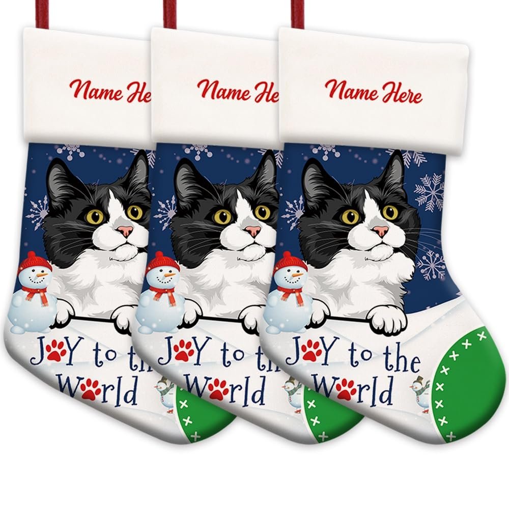 MALIHONG 3 Pack Joy to The World Christmas Stocking Munchkin Cat Custom Name Winter Holiday Fireplace Decor Hanging Stocking Cat Lovers Gift 14.4"