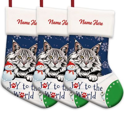 MALIHONG 3 Pack Joy to The World Christmas Stocking Black Silver Tabby Maine Coon Cat Custom Name Winter Holiday Fireplace Decor Hanging Stocking Cat Lovers Gift 14.4"