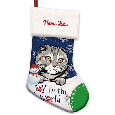 MALIHONG 1 Pack Joy to The World Christmas Stocking Scotish Fold Cat Custom Name Winter Holiday Fireplace Decor Hanging Stocking Cat Lovers Gift 14.4"