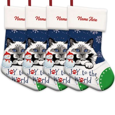 MALIHONG 4 Pack Joy to The World Christmas Stocking Grey and White Birman Cat Custom Name Winter Holiday Fireplace Decor Hanging Stocking Cat Lovers Gift 14.4"