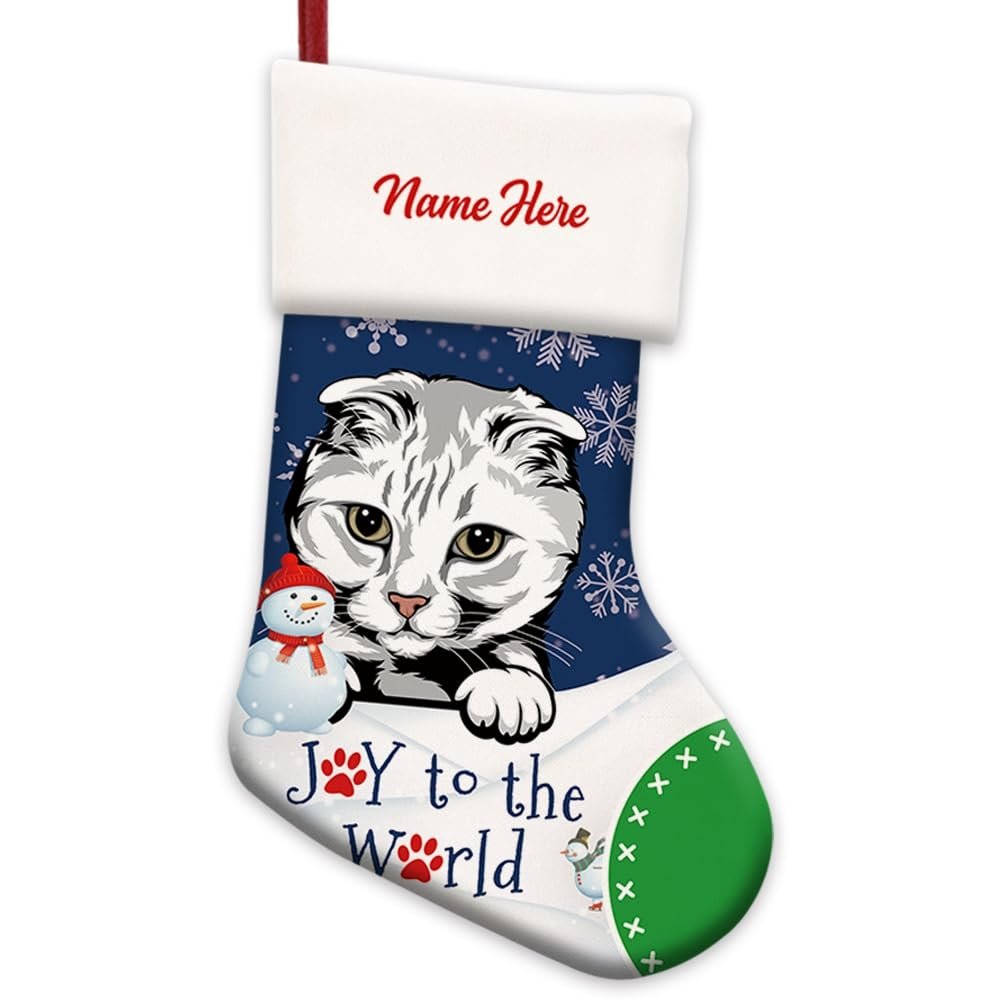 MALIHONG 1 Pack Joy to The World Christmas Stocking White and Grey Scotish Fold Cat Custom Name Winter Holiday Fireplace Decor Hanging Stocking Cat Lovers Gift 14.4"