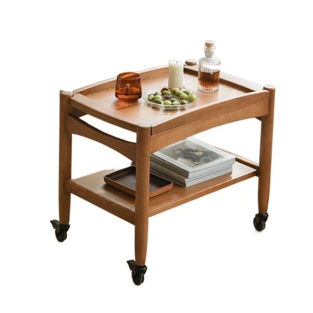 Coffee End Table Rustic Wood Side Table, Modern Mobile End Table for Living Room with Removable Tray, Sofa Side Tables with Storage Shelf and Wheels, 2 Tier Shelf Corner Bedside Table for Small Spaces