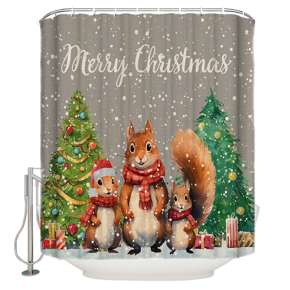 Christmas Shower Curtain for Bathroom 72" x 78" Merry Christmas Retro Blue Squirrel with Gifts Xmas Tree Shower Curtain with Hooks Polyester Waterproof Home Bathtub Decor