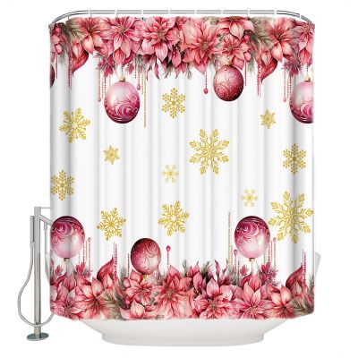 Christmas Shower Curtain for Bathroom 72" x 84" Christmas Pink Poinsettia Lace Light Balls Snowflake White Background Shower Curtain with Hooks Polyester Waterproof Home Bathtub Decor