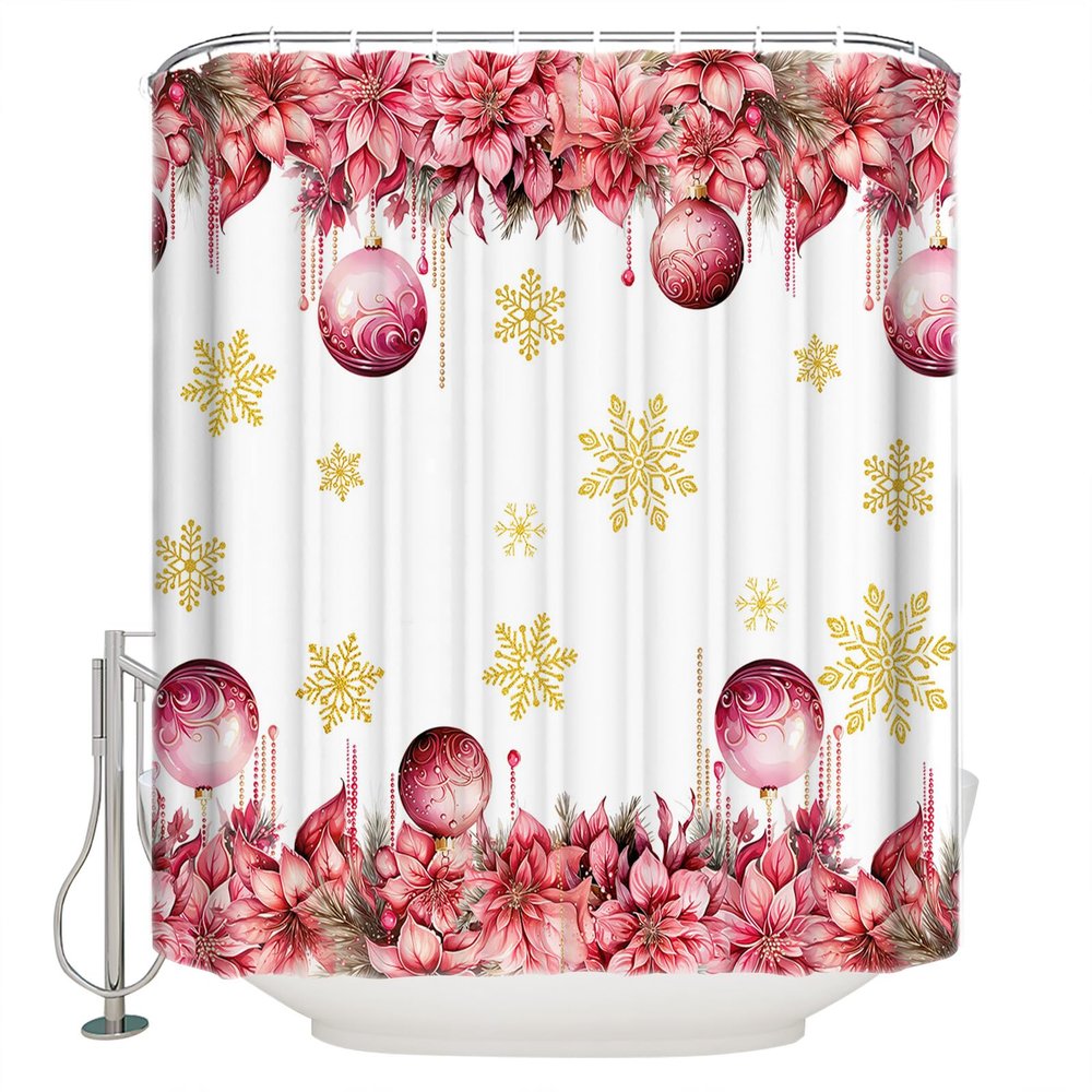 Christmas Shower Curtain for Bathroom 72" x 84" Christmas Pink Poinsettia Lace Light Balls Snowflake White Background Shower Curtain with Hooks Polyester Waterproof Home Bathtub Decor