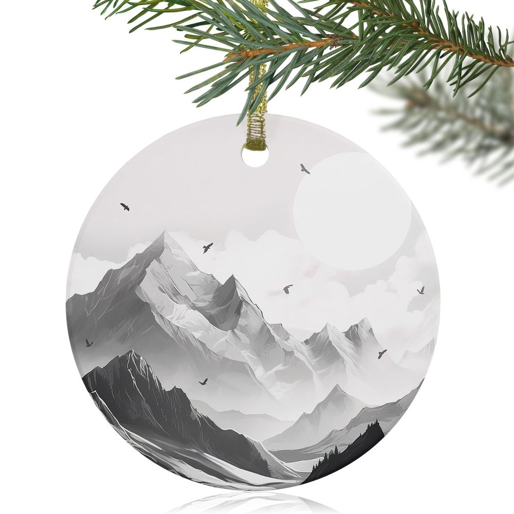 Christmas Ornament 2023, Mountain Ceramic Hanging Christmas Tree Decorations, Eagle Sky Cloud Black and White Landscape Wedding Gifts for Couple, Round, 3"
