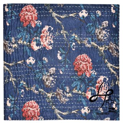 Handicrafts Plus Kantha Quilts Bedding Coverlets Cotton Blankets New Bedcover Ethnic Multicolor Gudari King/Queen Size Throw Floral Print Bedspread (Navy Blue)