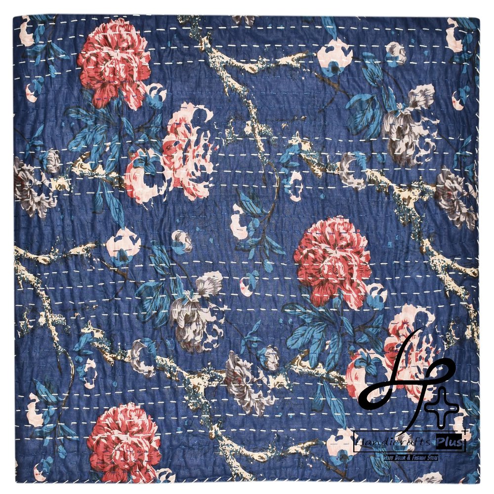 Handicrafts Plus Kantha Quilts Bedding Coverlets Cotton Blankets New Bedcover Ethnic Multicolor Gudari King/Queen Size Throw Floral Print Bedspread (Navy Blue)