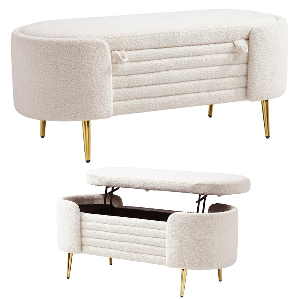 Storage Bench, Modern End of Bed Bench with Storage Upholstered Sherpa Fabric Large Storage Bench Ottoman Shoe Stool for Bedroom, Living Room, Entryway (Beige)