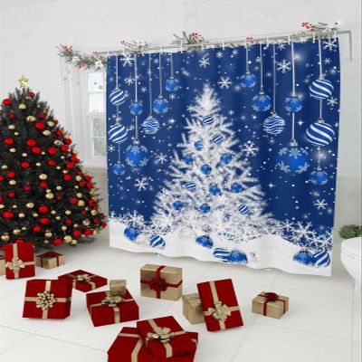 Christmas Blue Shower Curtain, Winter Snowflake Waterproof Washable Funny Cute Shower Curtains Set for Bathroom Bathtubs Aesthetic Decor Blue Xmas Geometric Bathroom Curtains 60"Wx72"L with Hooks