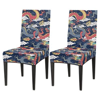 bisibuy Dragon Ornament Chair Covers for Dining Room Set of 2, Oriental Dining Chair Covers Protectors Removable Kitchen Parson Chair Slipcovers for Home and Banquet Decor