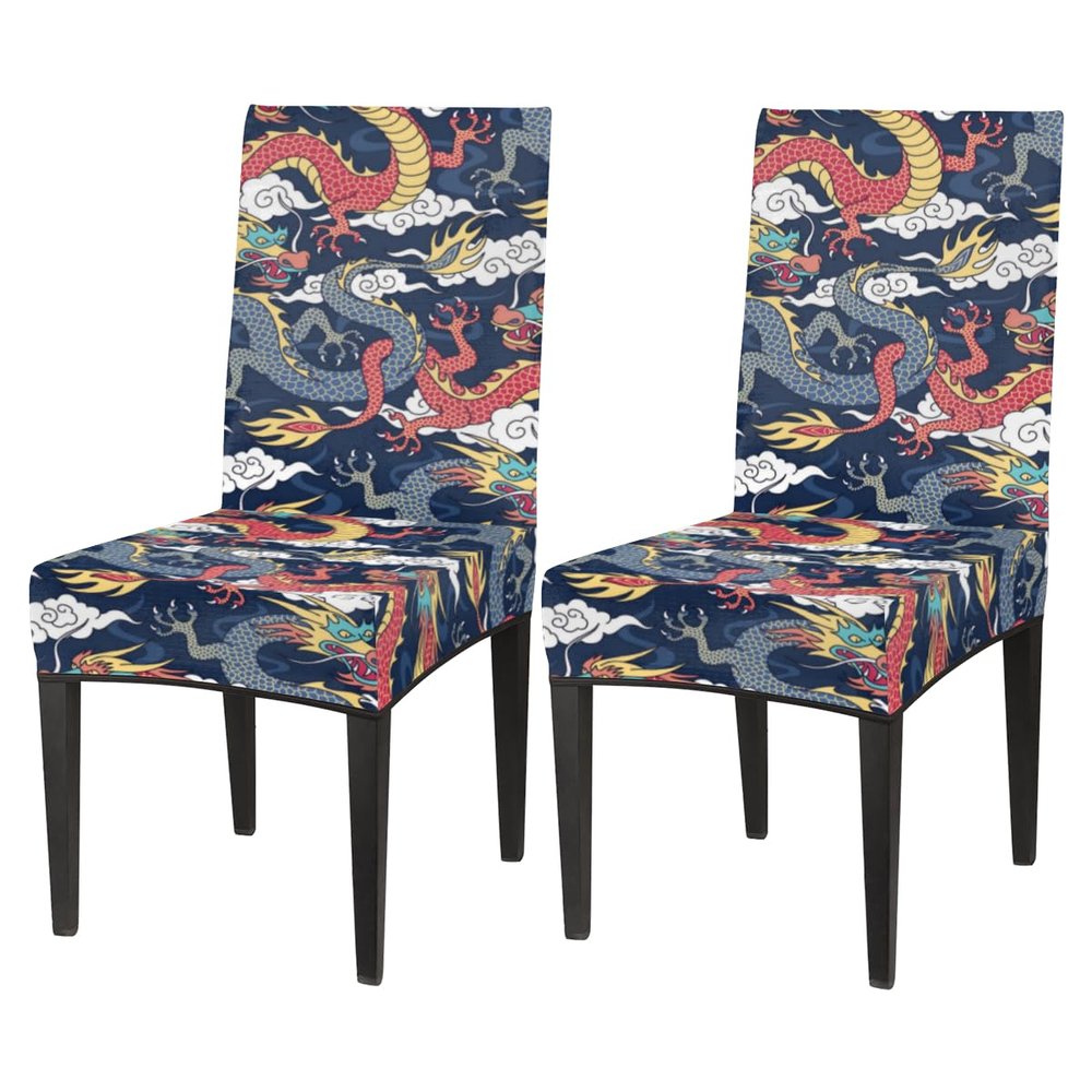 bisibuy Dragon Ornament Chair Covers for Dining Room Set of 2, Oriental Dining Chair Covers Protectors Removable Kitchen Parson Chair Slipcovers for Home and Banquet Decor