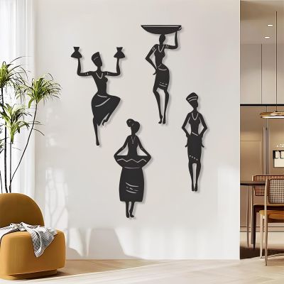 African Women Metal Wall Decor, African American Metal Wall Art, Set of 4 African Women Wall Decoration, Woman Figure Wall Decor, Metal Wall Decor for Living Room, Home Bedroom Decor (Black, 56"x35" | 142x90cm)