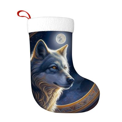 Yioniii Christmas Stockings,Moonlight Wolf in The Constellation Pattern Xmas Stocking, Holiday and Family Stocking for Fireplace Christmas Holiday Party Decoration 18 Inches Multicolour