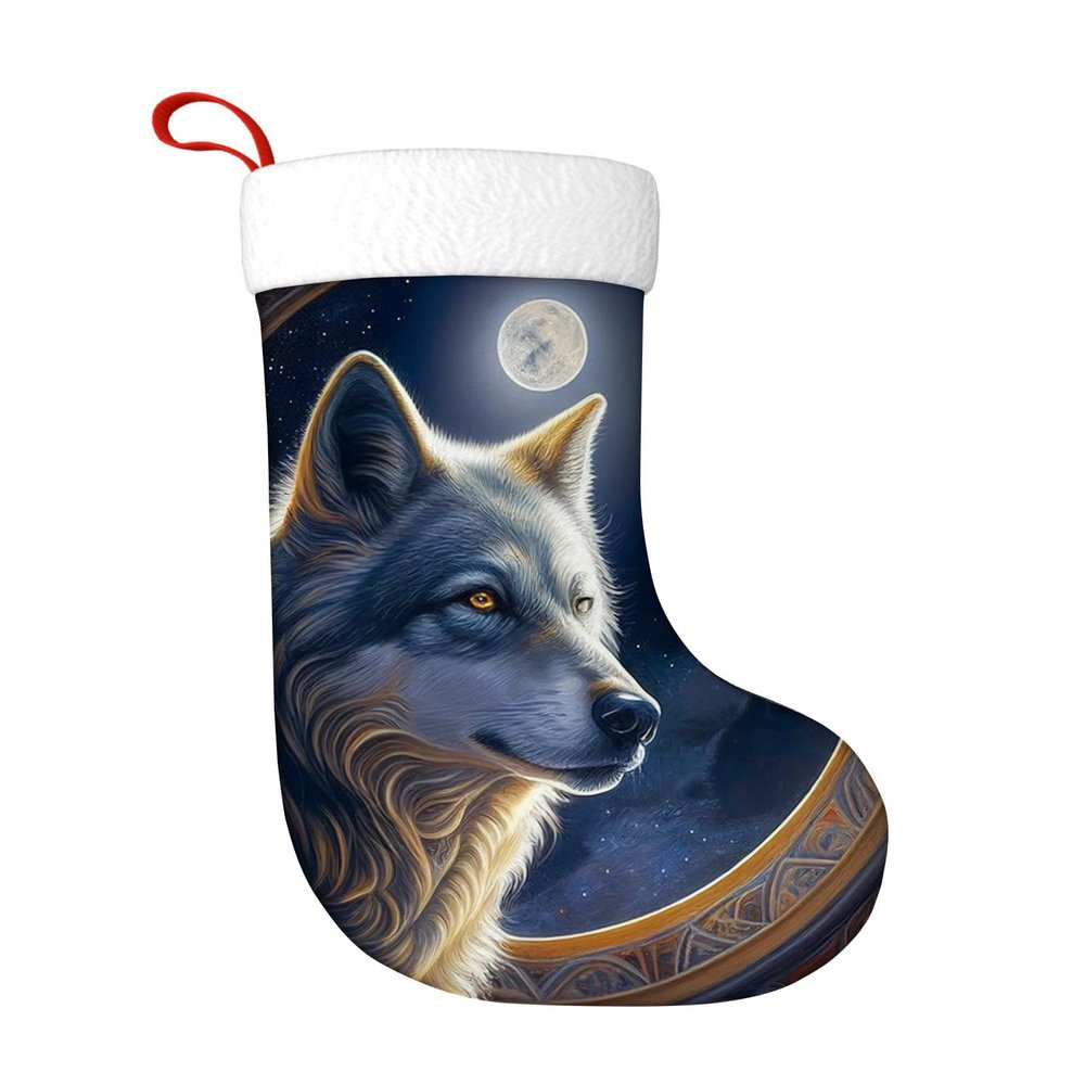 Yioniii Christmas Stockings,Moonlight Wolf in The Constellation Pattern Xmas Stocking, Holiday and Family Stocking for Fireplace Christmas Holiday Party Decoration 18 Inches Multicolour