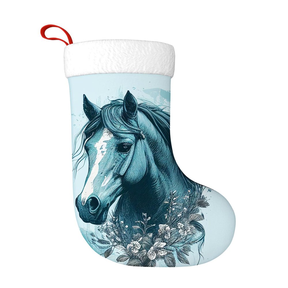 Yioniii Christmas Stockings,Horses and Flowers Pattern 18 Inches White Cuff Christmas Stockings for Family Christmas Decoration Holiday Party Decor Blue