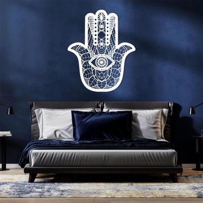Hamsa Metal Wall Art, Hamsa Hand Wall Art, Hamsa Sacred Geometry Wood Wall Art, Extra Large Wall Decor, Boho Wall Art, Evil Eye Art, Metal Wall Art for Living Room, Housewarming Gift (White, 30 x 25 inch / 76 x 63 cm)