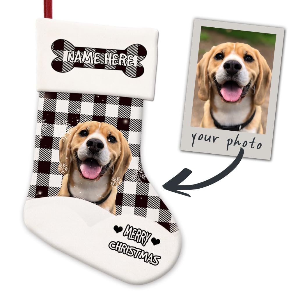 MALIHONG Personalized Christmas Stocking Custom Photo from Dog Christmas Stockin Plaid Check Snowflake Fireplace Holiday Hanging Stocking 14.4"