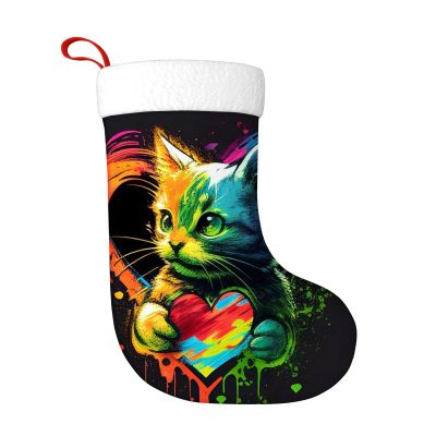 Yioniii Christmas Stockings,a Colorful cat Holding a Heart in The Style Pattern 18 Inches White Cuff Christmas Stockings for Family Christmas Decoration Holiday Party Decor Multicolour