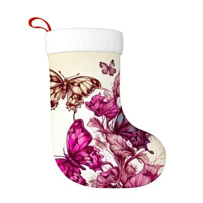 Yioniii Christmas Stockings,3 red Butterflies and Flower Pattern Pattern Xmas Stocking, Holiday and Family Stocking for Fireplace Christmas Holiday Party Decoration 18 Inches Red
