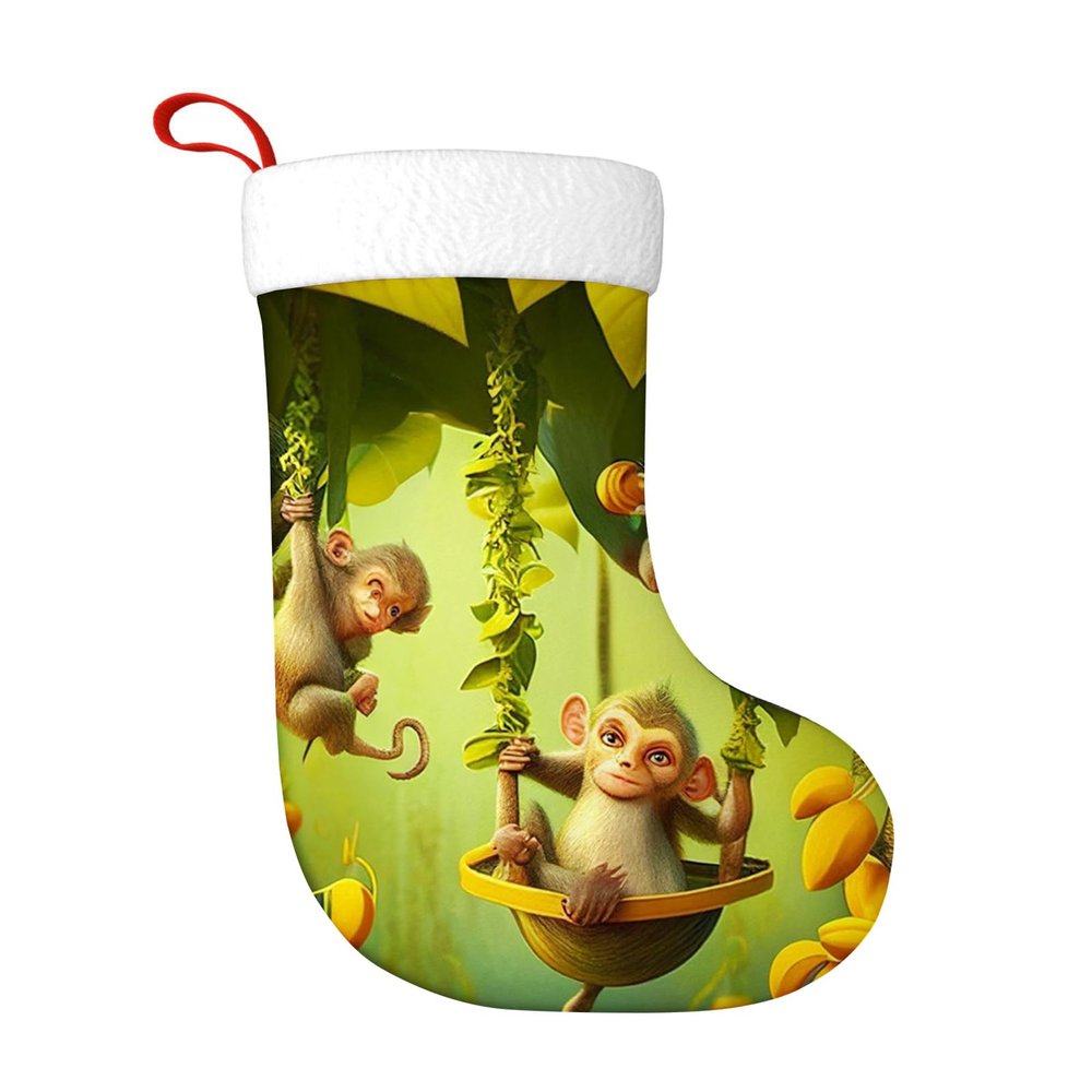 Yioniii Christmas Stockings,Monkeys Swinging on a Banana Tree Pattern Xmas Stocking, Holiday and Family Stocking for Fireplace Christmas Holiday Party Decoration 18 Inches Multicolour