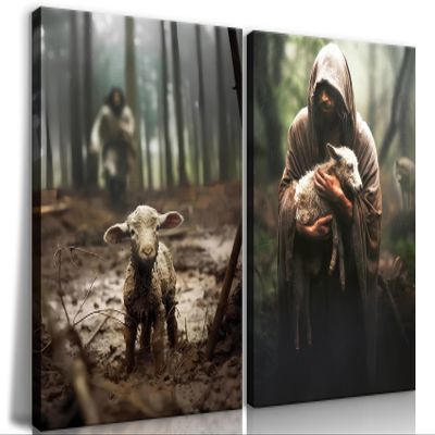 2Pcs Framed Jesus and Lamb Canvas Wall Art Jesus Save Lost Lamb Posters Prints Vintage Christian Pictures Wall Decor For Bedroom Modern Religion Paintings Decorative Art(12x16in Framed)