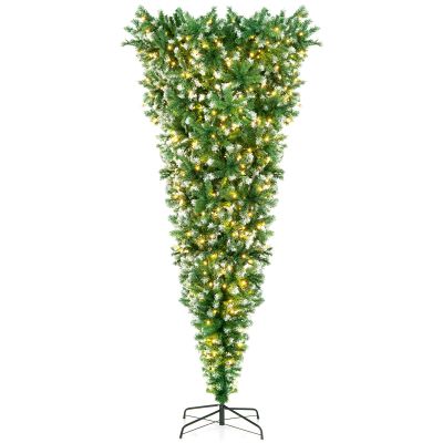 Goplus 7.5ft Pre-Lit Upside Down Christmas Tree, Inverted Hinged Xmas Tree with 400 Warm LED Lights, 8 Lighting Modes, 1100 PVC Branch Tips, Artificial Decoration Tree for Indoor Home Office Party